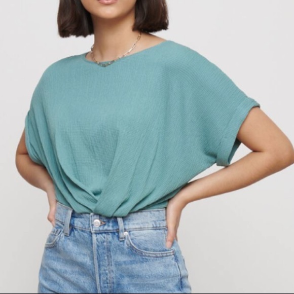 Dynamite Short Sleeve Pleated Green Top - Picture 2 of 3